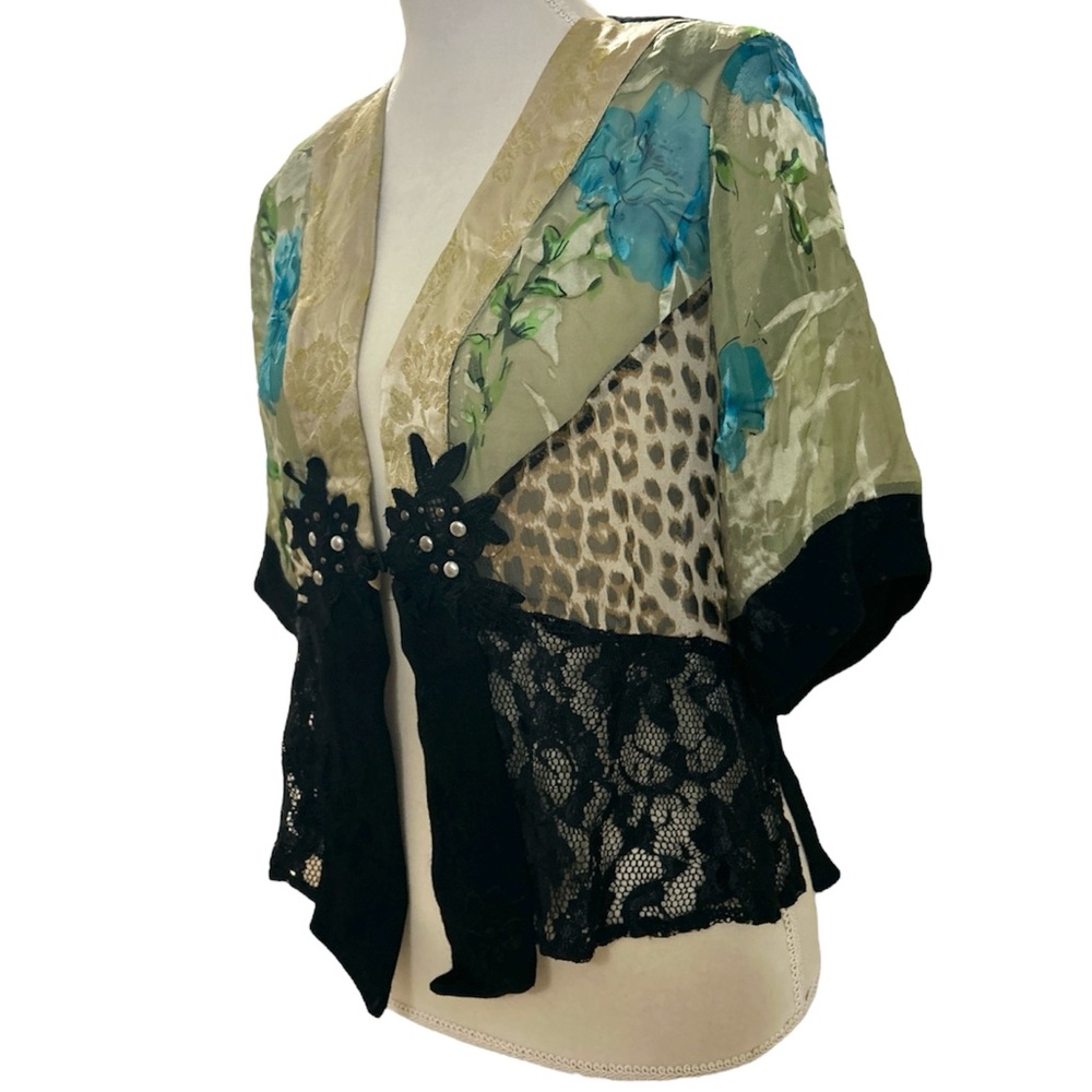Vintage Silk Blend Kimono Black, Teal and Leopard mixed print top 3/4 sleeves